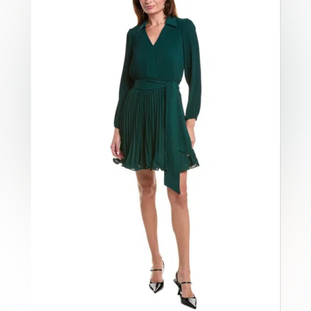 New Taylor Pleated Collar V-Neck Tie Waist Pine Green Dress Size 12